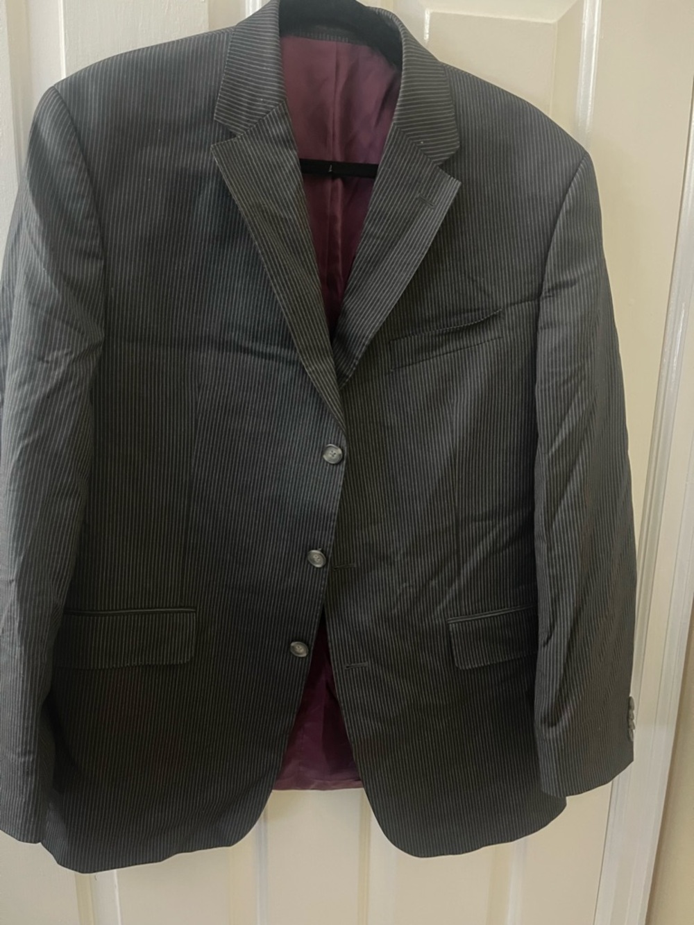 Sean John Gray Pinstripe Suit Jacket with Burgundy Lining